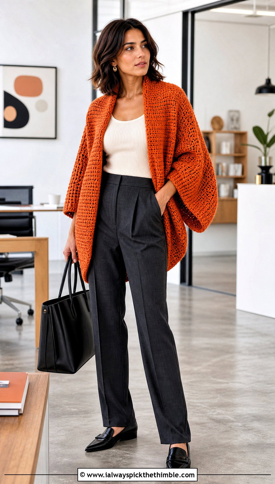 Cocoon Crochet Shrug Cardigan With Tailored Trousers - 20 Crochet Shrug Cardigan outfit ideas