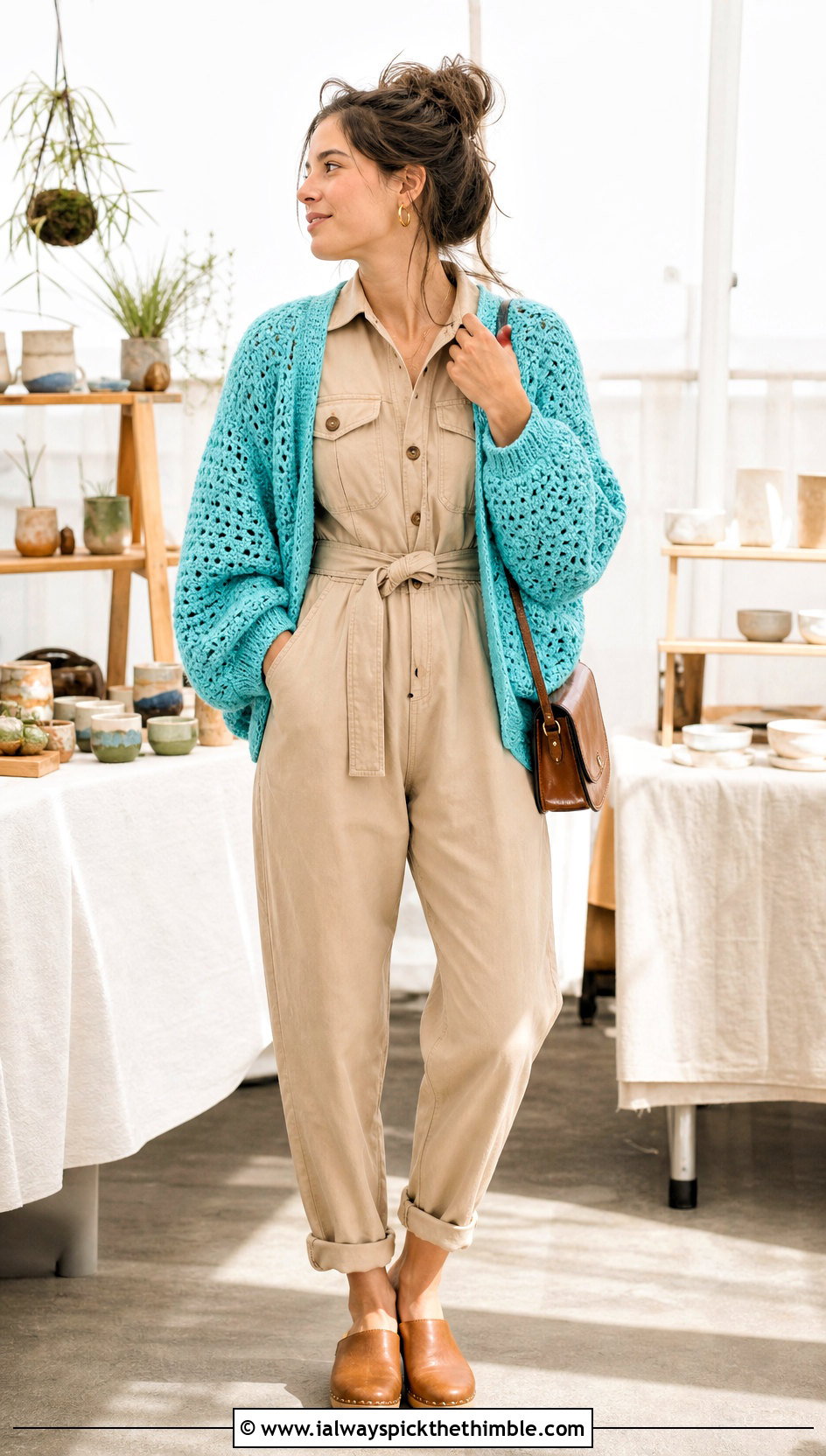 Cocoon Crochet Shrug Sleeves With Utility Jumpsuit - 20 Crochet Shrug Sleeves outfit ideas