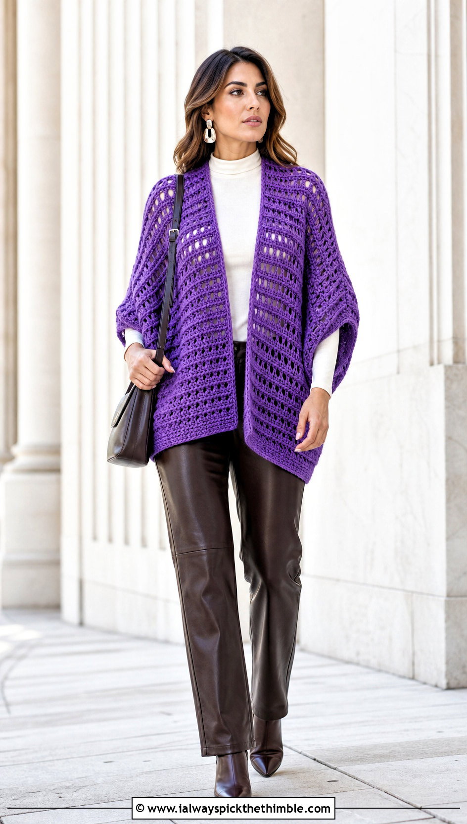 Cocoon Crochet Shrug Vest With Leather Pants - 15 crochet shrug vest outfit ideas