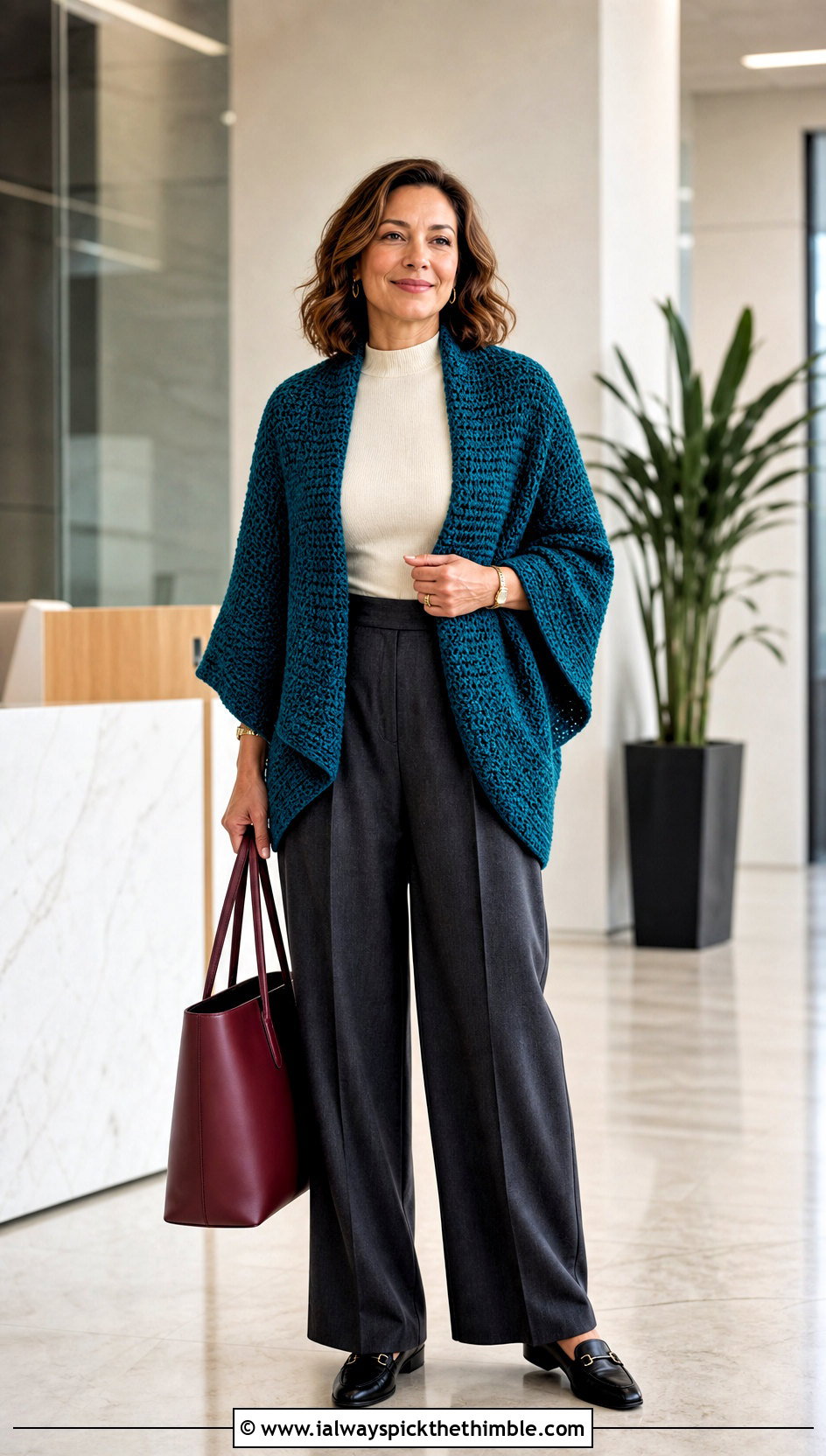 Cocoon Crochet Shrug Wrap With Tailored Trousers - 20 crochet shrug wrap outfit ideas
