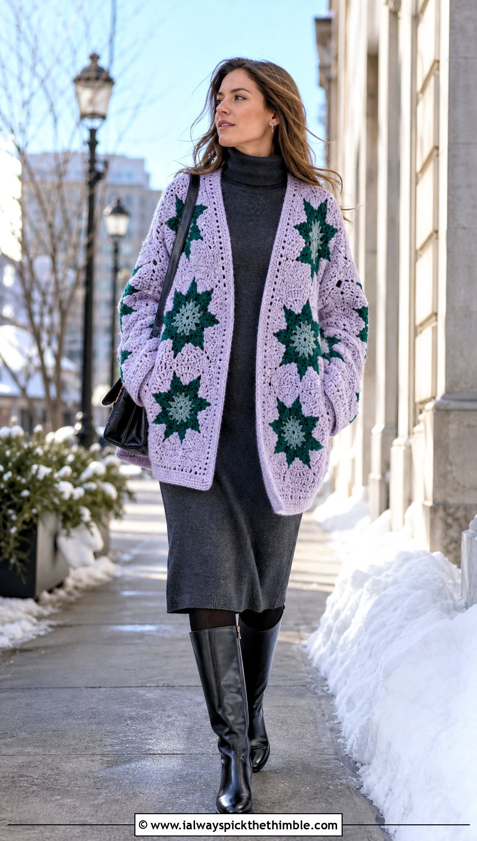 Cocoon Crochet Star Granny Square Cardigan With Knit Midi Dress - 20 Crochet Star Granny Square Cardigan outfit ideas