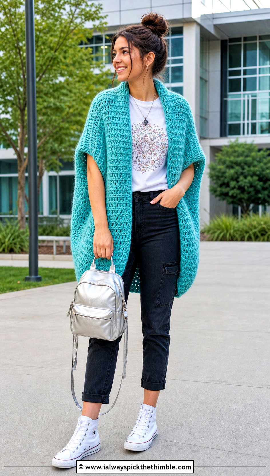 Cocoon Crochet Sweater Shawl With A Graphic Tee - 20 crochet sweater shawl outfit ideas