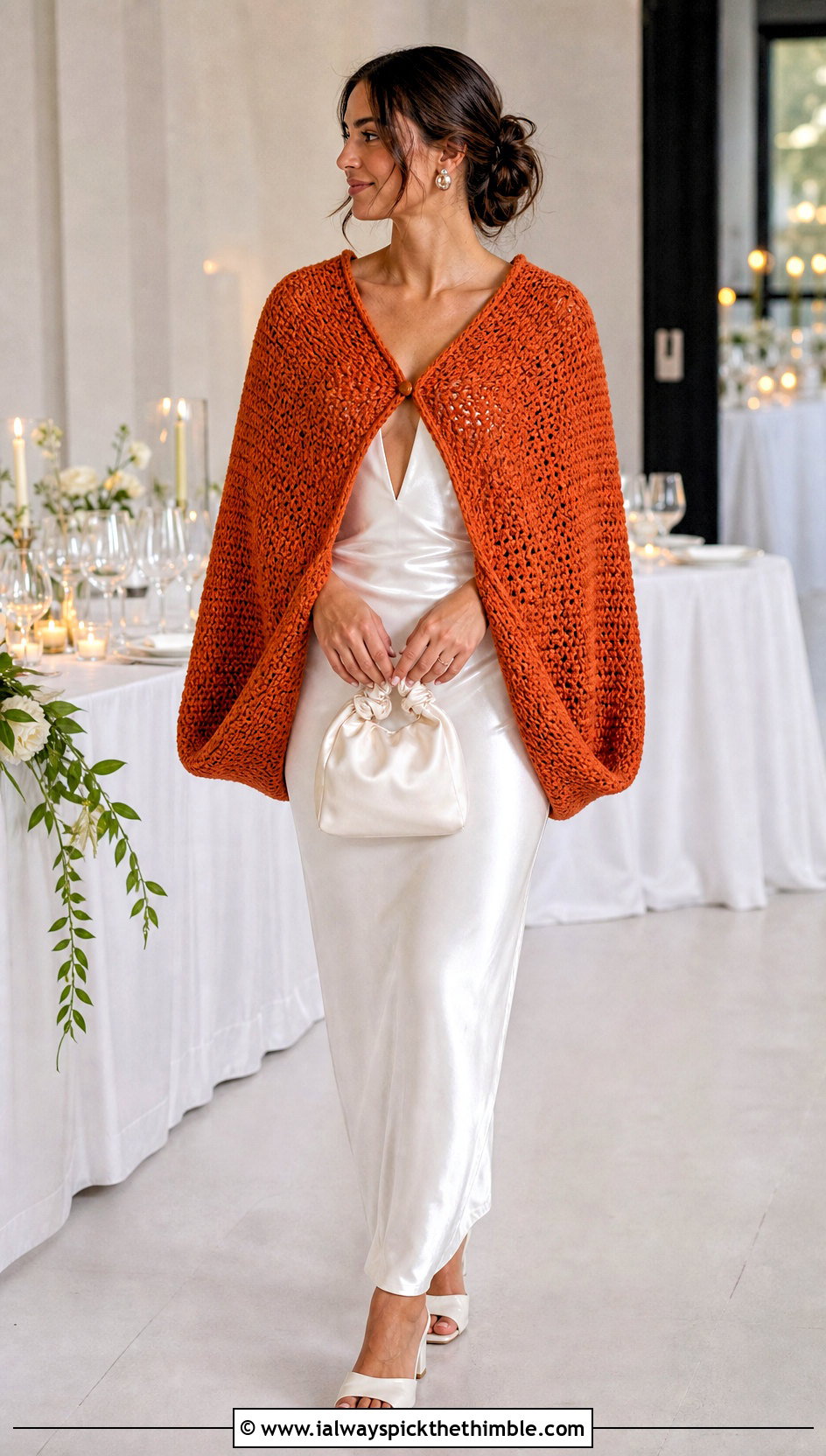 Cocoon Crochet Wedding Cape With Satin Maxi Dress - 20 Crochet Wedding Cape outfit ideas
