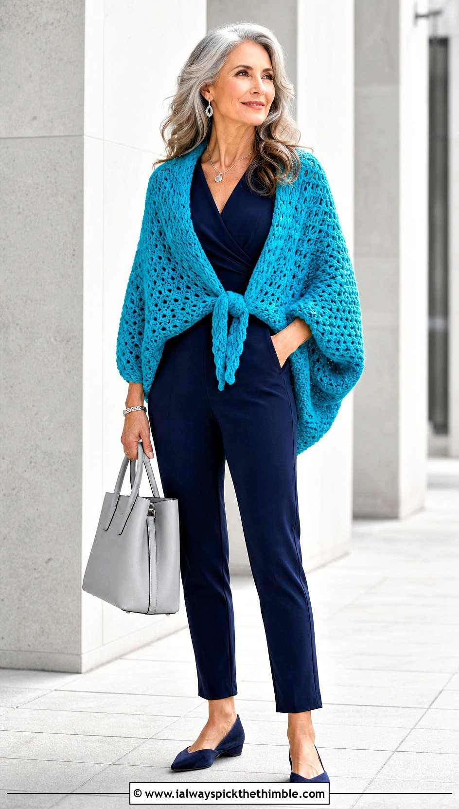 Cocoon Crochet Wrap Around Shrug With Fitted Jumpsuit - 20 Crochet Wrap Around Shrug outfit ideas