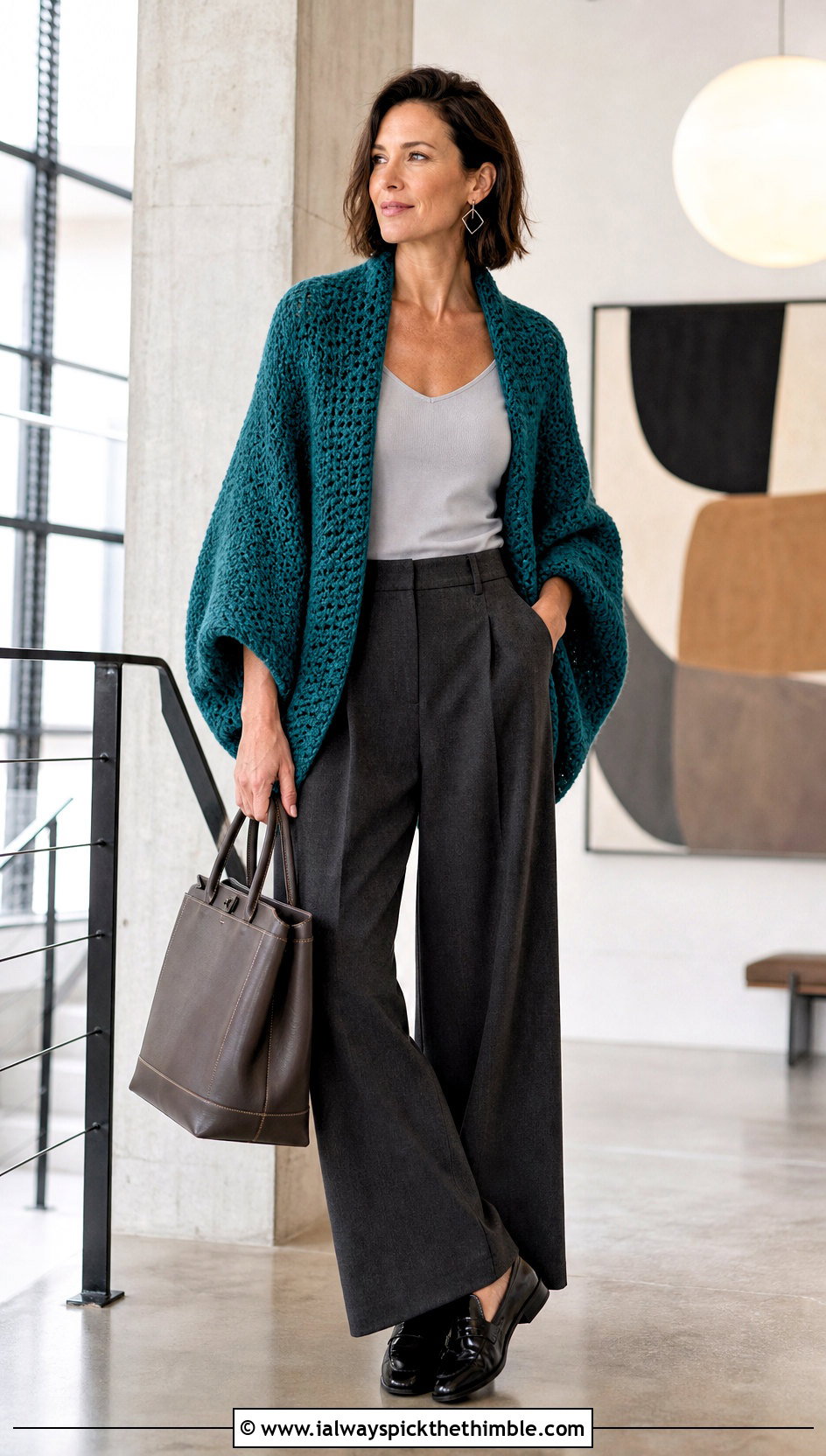 Cocoon Crochet Wrap Shrug With Wide Leg Trousers - 25 Crochet Wrap Shrug outfit ideas