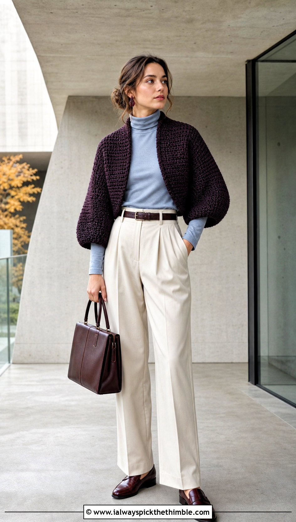 Cocoon Crocheted Bolero With Turtleneck And Pleated Trousers - 25 crocheted bolero outfit ideas