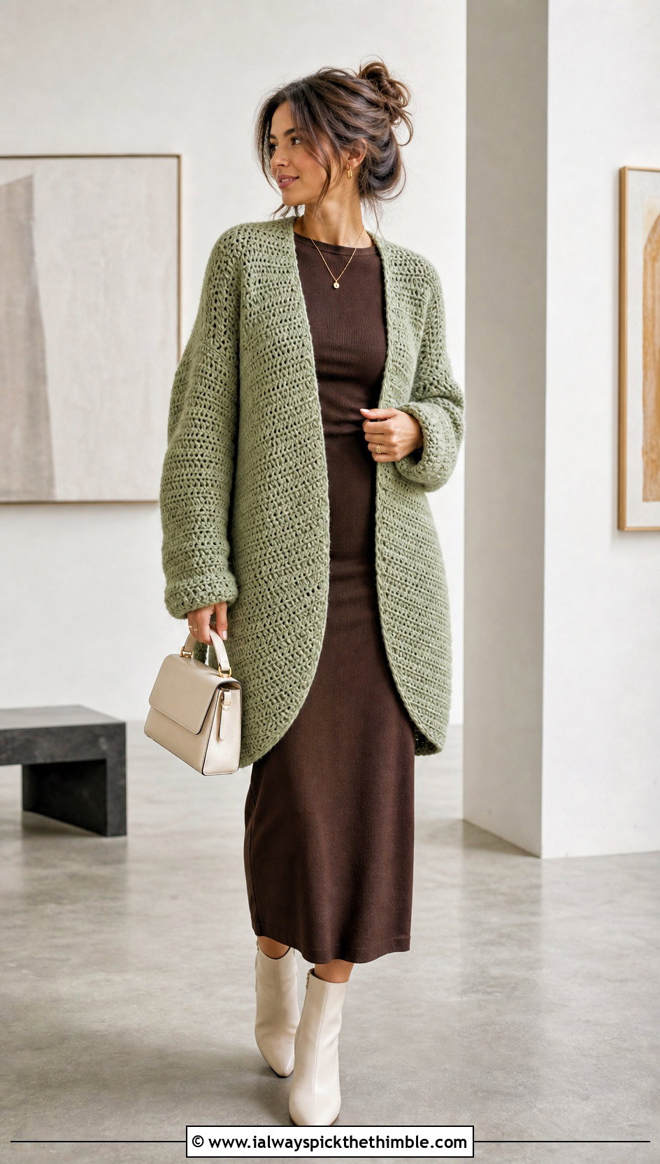 Cocoon Double Crochet Cardigan With Column Dress - 20 Double Crochet Cardigan outfit ideas