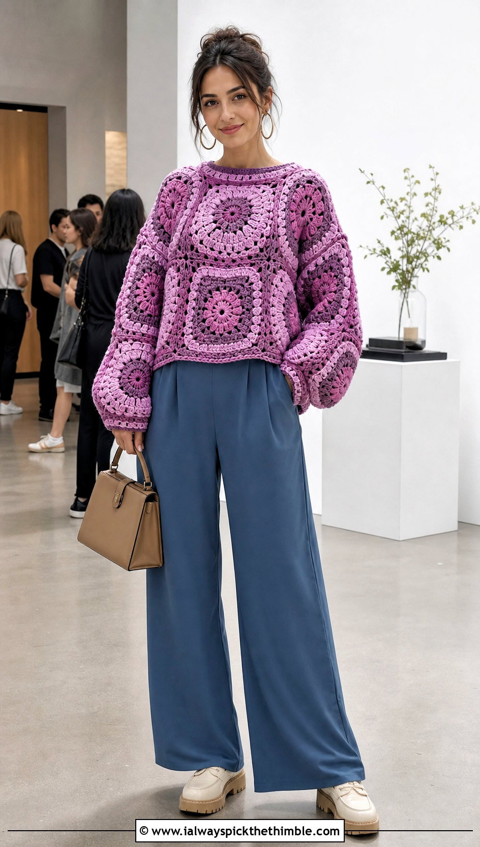 Cocoon Giant Granny Square Sweater With Wide Leg Jumpsuit - 20 giant granny square sweater outfit ideas