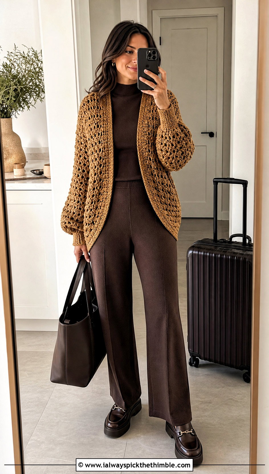 Cocoon Gold Crochet Cardigan With Monochrome Basics - 15 gold crochet cardigan outfit ideas