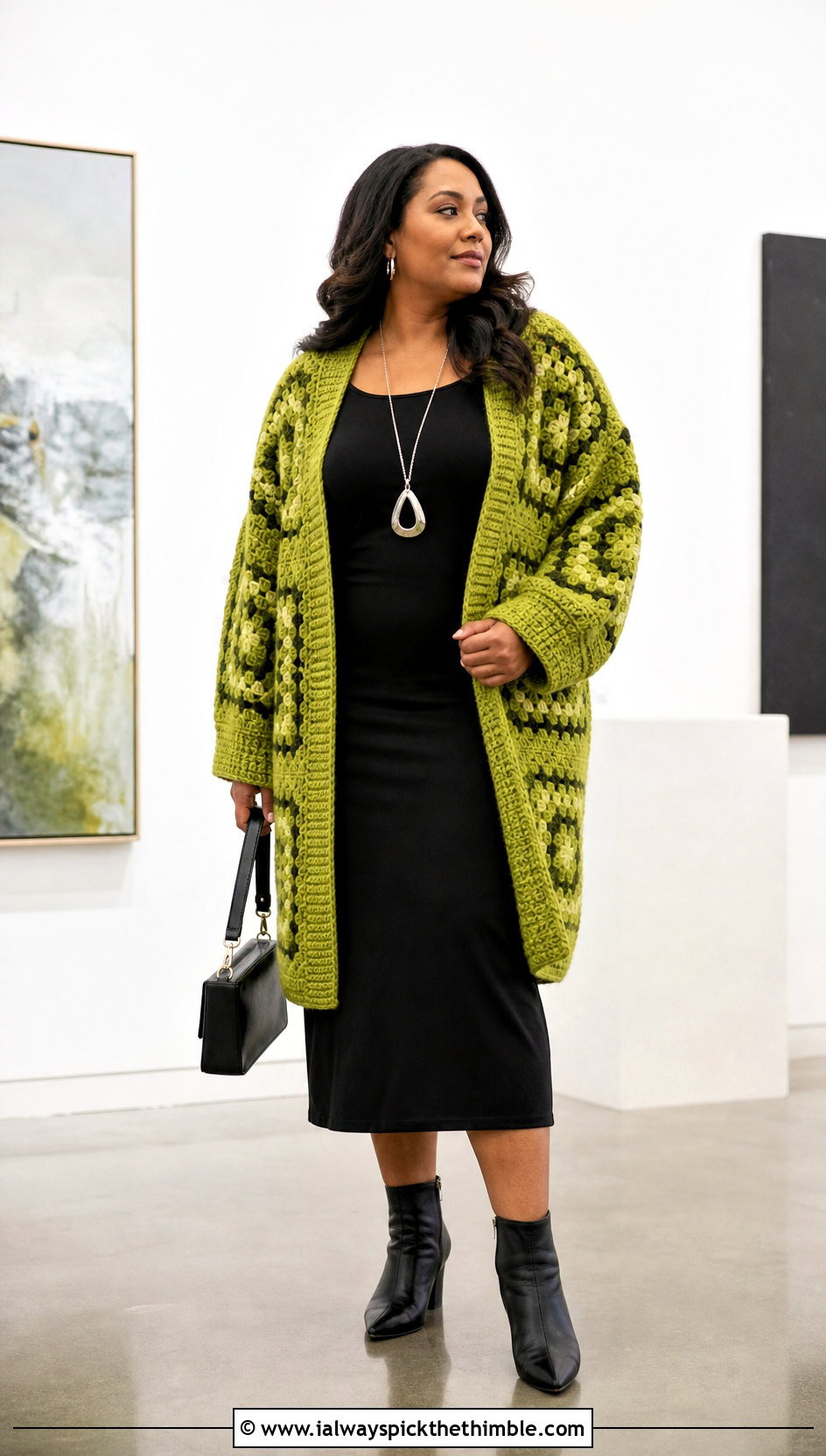 Cocoon Granny Cardigan With Column Midi Dress - 25 crochet granny cardigan outfit ideas