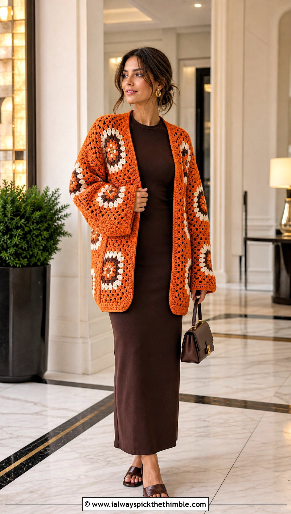 Cocoon Granny Square Afghan Cardigan With Column Dress - 15 crochet granny square afghan style coat cardigan outfit ideas