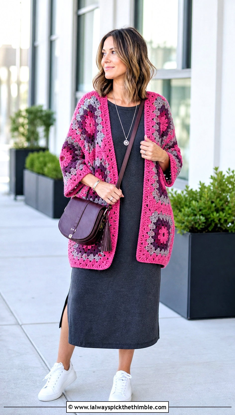 Cocoon Granny Square Cardigan With A T Shirt Dress - 20 cardigan with granny square outfit ideas