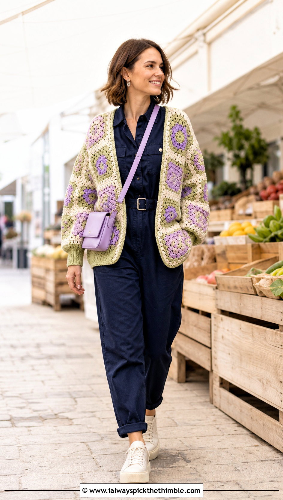 Cocoon Granny Square Cardigan With A Utility Jumpsuit - 20 pastel granny square cardigan outfit ideas