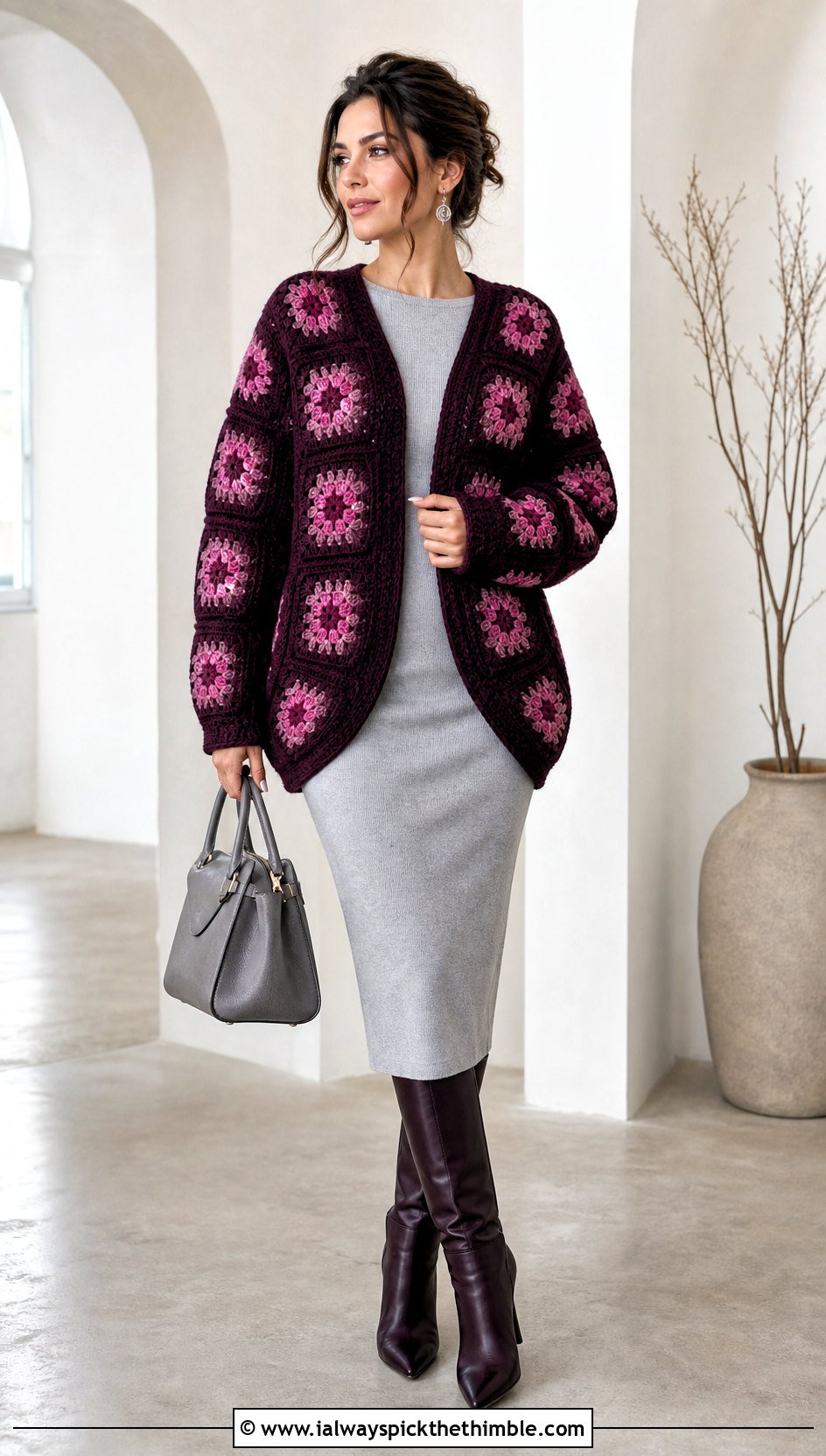 Cocoon Granny Square Cardigan With Column Dress And Boots - 15 Never Off Granny Square Cardigan outfit ideas
