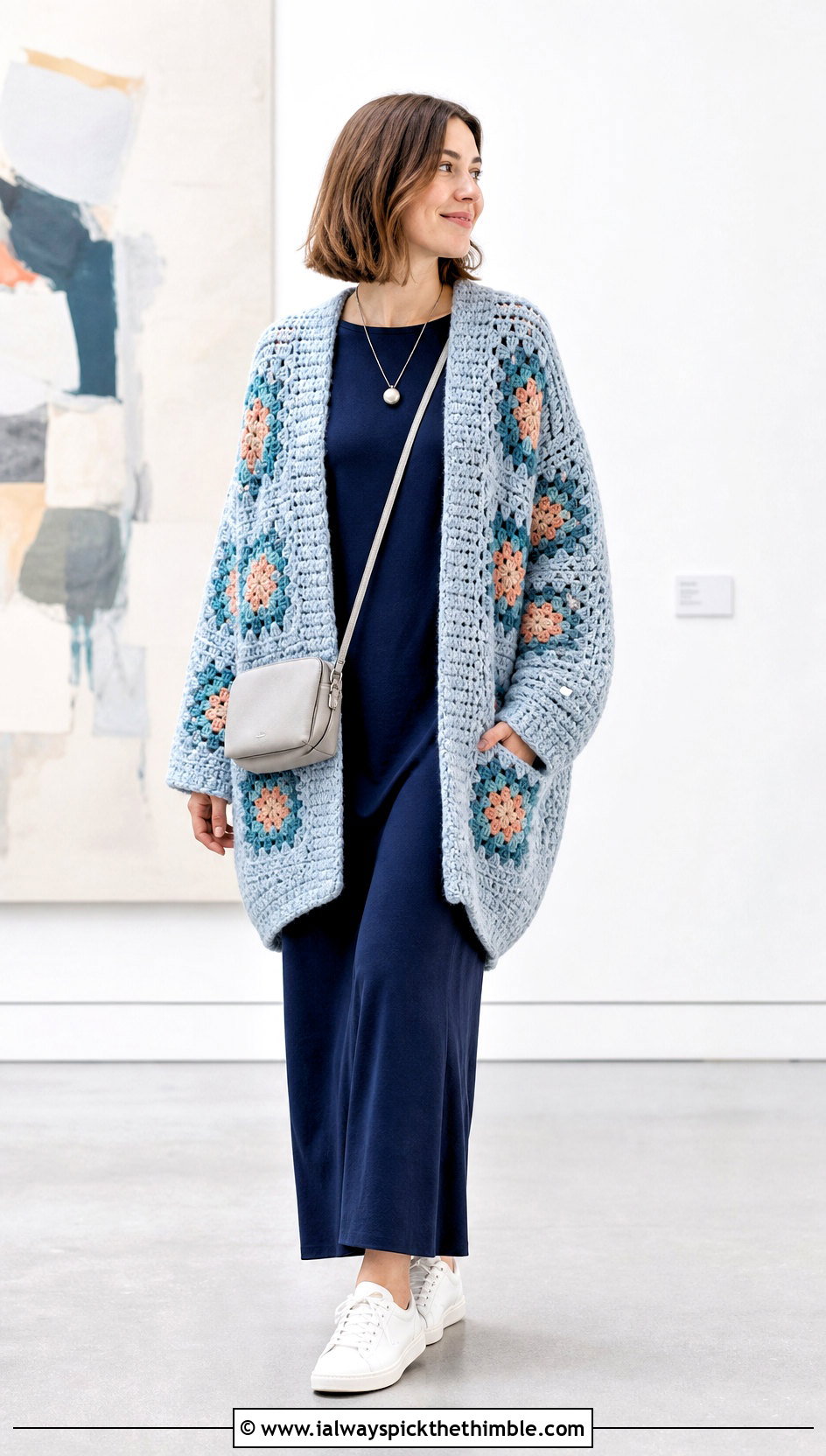 Cocoon Granny Square Cardigan With Column Maxi Dress - 15 Womens Granny Square Cardigan outfit ideas