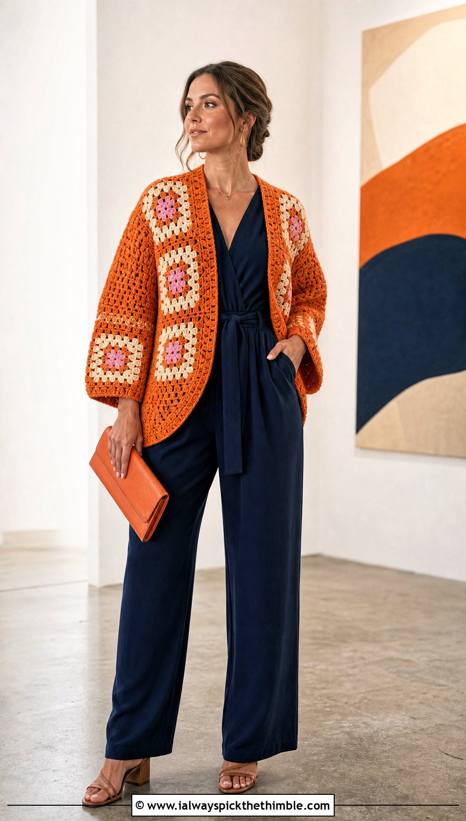 Cocoon Granny Square Cardigan With Jumpsuit - 25 Easy Simple Crochet Granny Square Cardigan outfit ideas