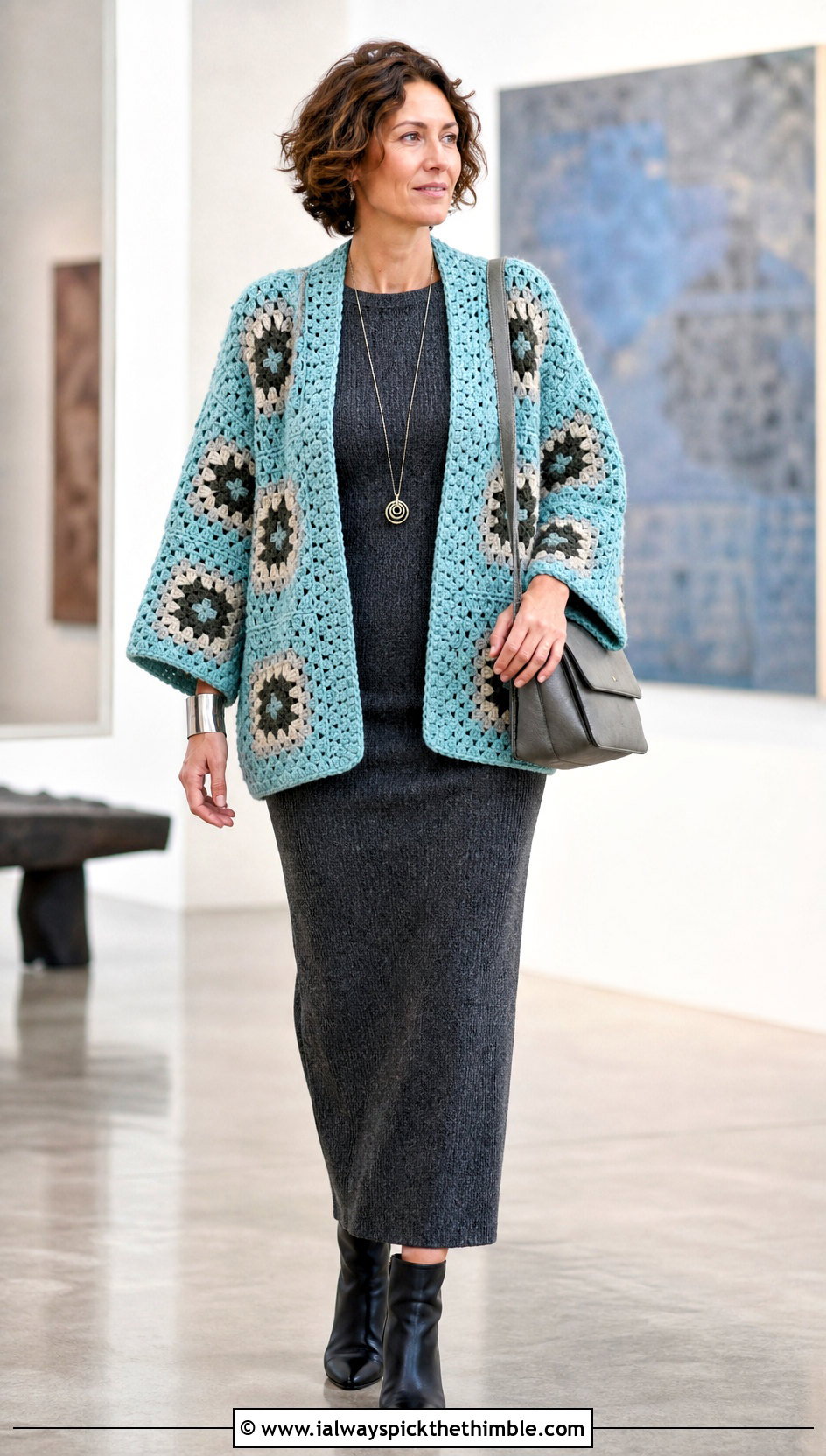 Cocoon Granny Square Cardigan With Knit Column Dress - 25 crochet granny square cardigan outfit ideas