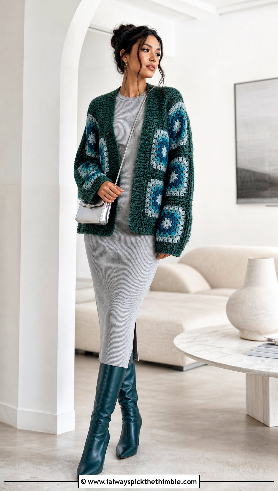 Cocoon Granny Square Cardigan With Knit Midi Dress - 20 granny squares cardigan outfit ideas