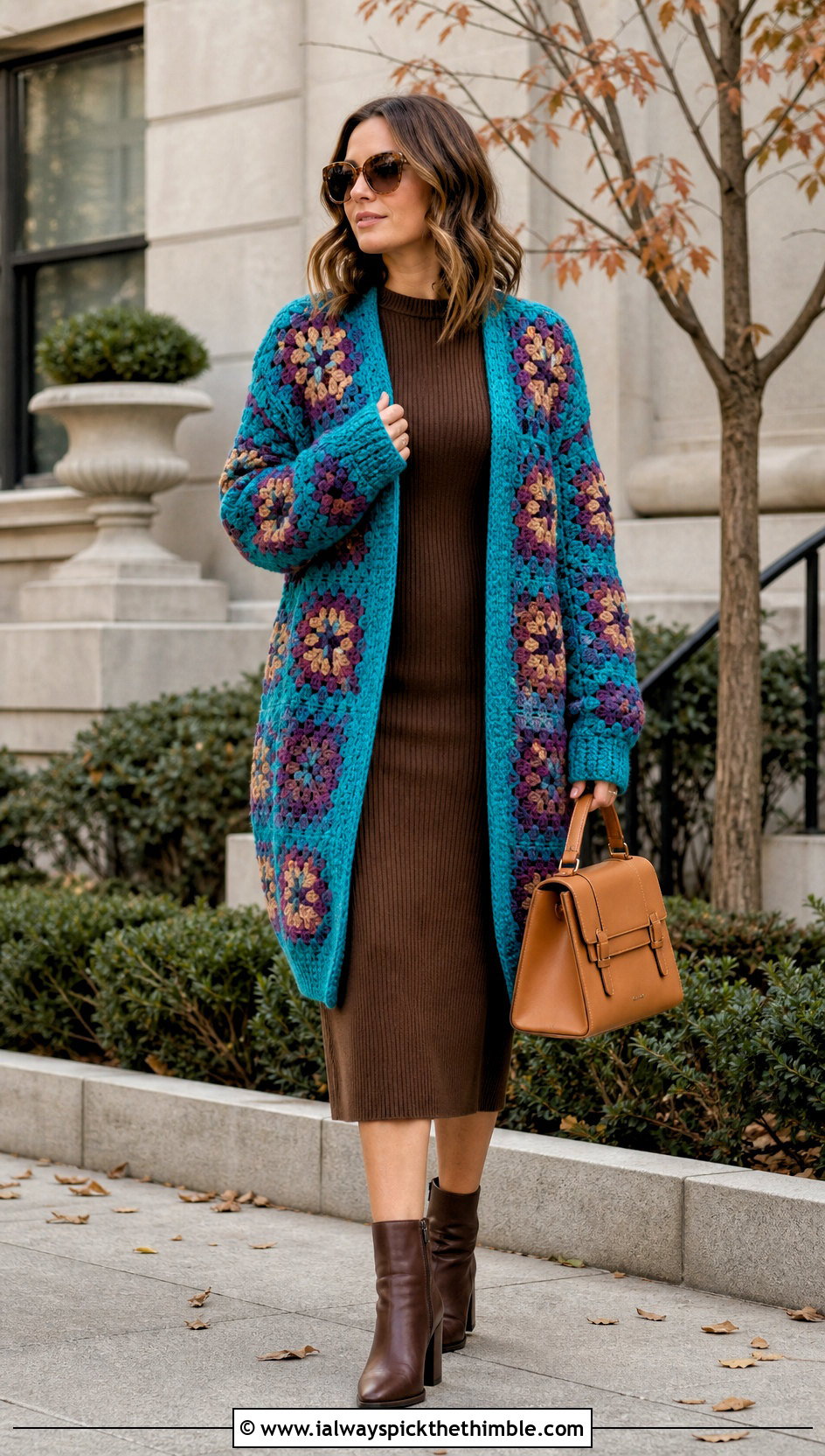 Cocoon Granny Square Cardigan With Knit Midi Dress - 20 crochet granny squares cardigan outfit ideas