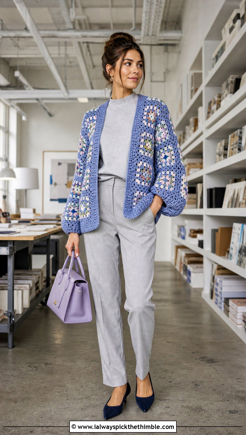 Cocoon Granny Square Cardigan With Monochrome Basics - 20 Granny Squares Sweater outfit ideas