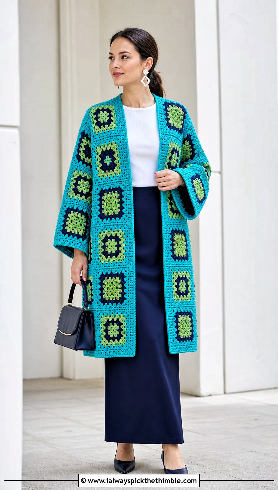Cocoon Granny Square Coat With Column Skirt - 20 granny square coat outfit ideas