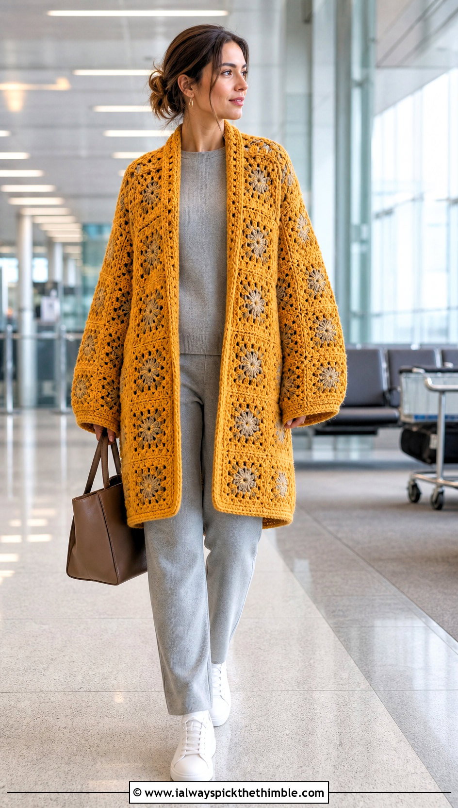 Cocoon Granny Square Coat With Knit Pants Set - 20 crochet granny square coat outfit ideas