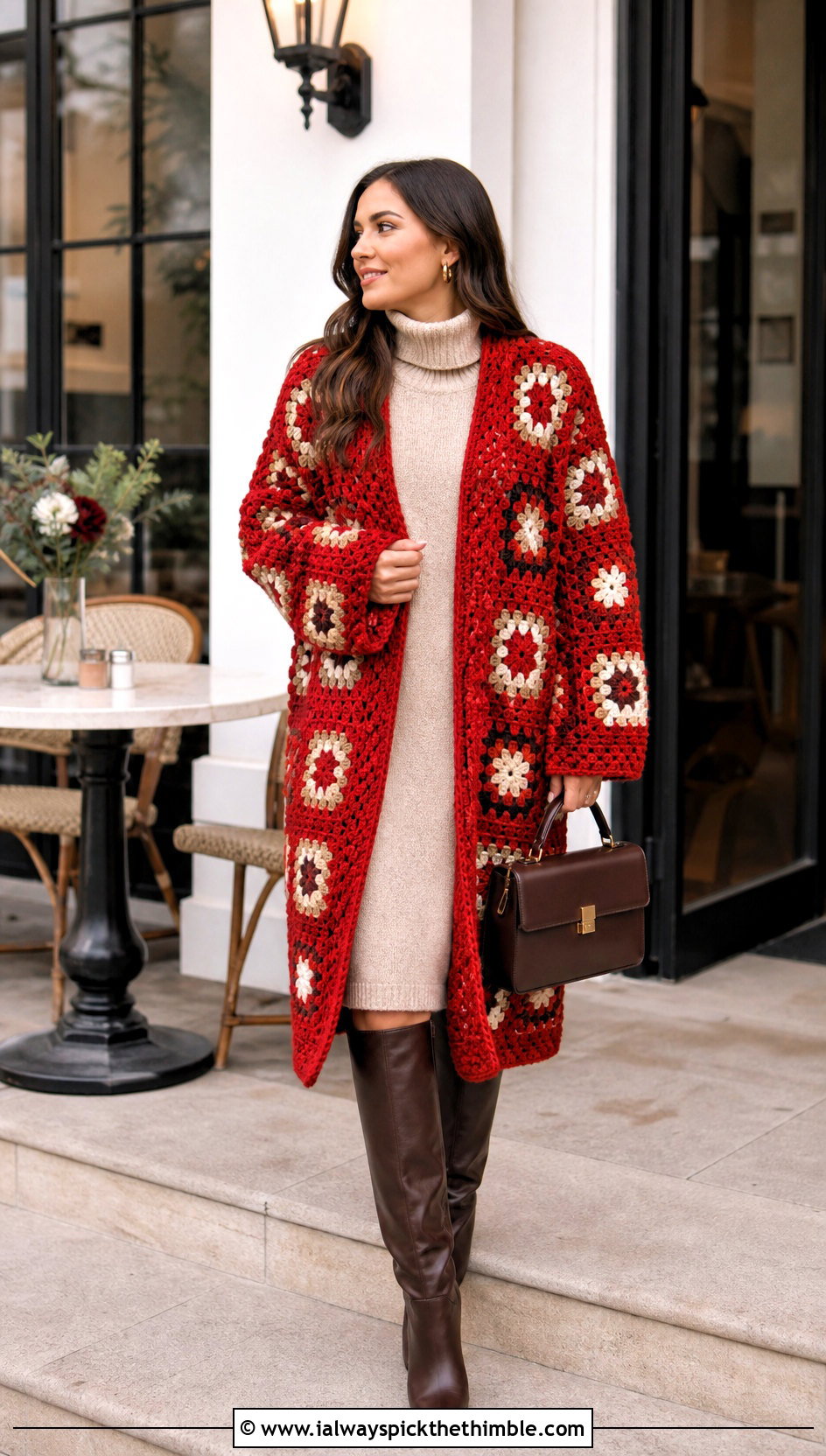 Cocoon Granny Square Crochet Coat With Sweater Dress - 20 Granny Square Crochet Coat outfit ideas