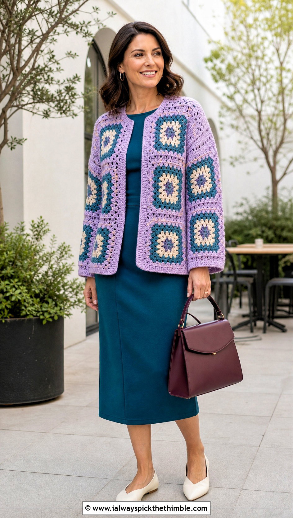 Cocoon Granny Square Jacket With Midi Dress - 25 granny square jacket outfit ideas