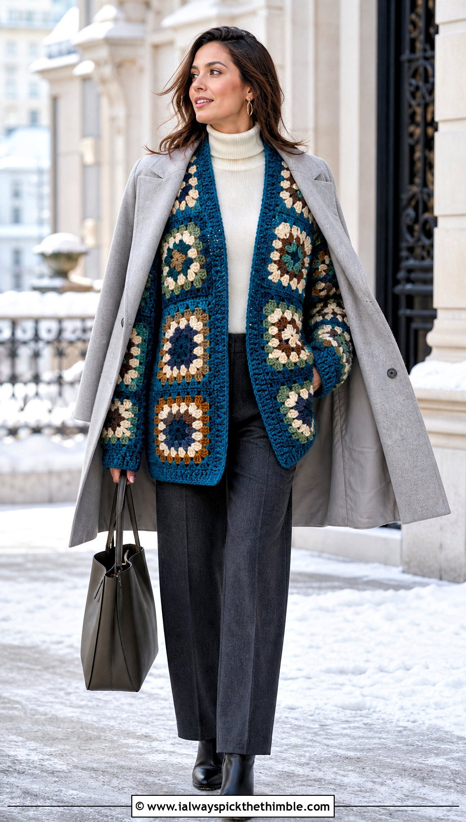 Cocoon Granny Square Stitch Cardigan With Wool Trousers - 20 granny square stitch sweater outfit ideas