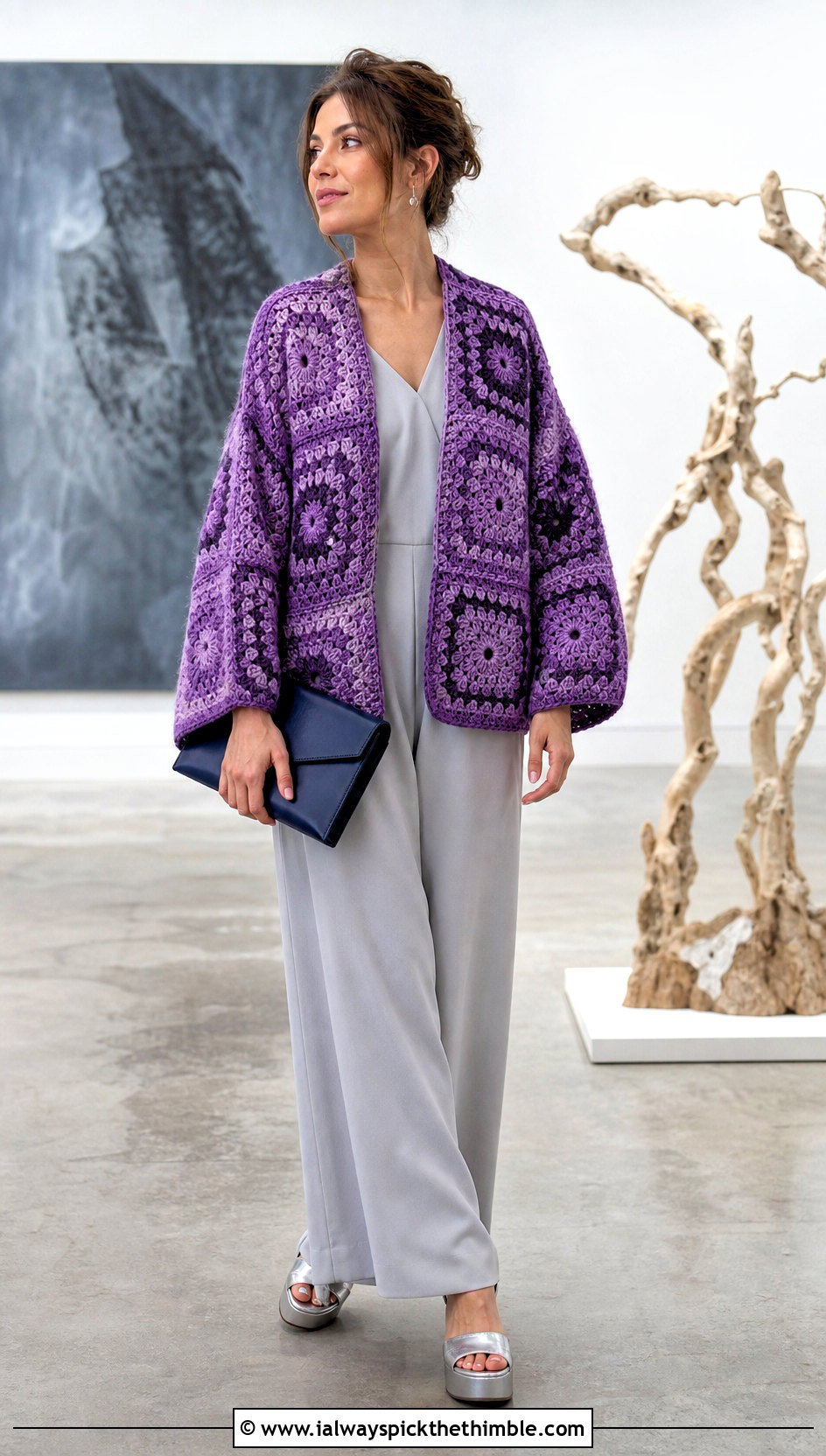 Cocoon Granny Square Sweater With Wide Leg Jumpsuit - 25 crochet granny square sweater outfit ideas
