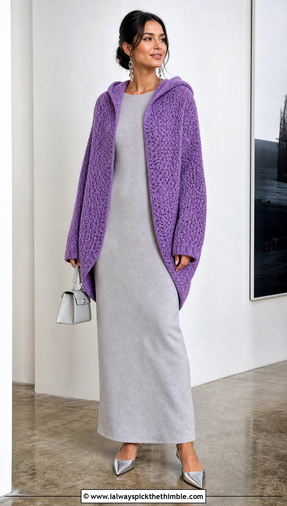 Cocoon Hooded Crochet Cardigan With Column Maxi Dress - 20 crochet hoodie cardigan outfit ideas