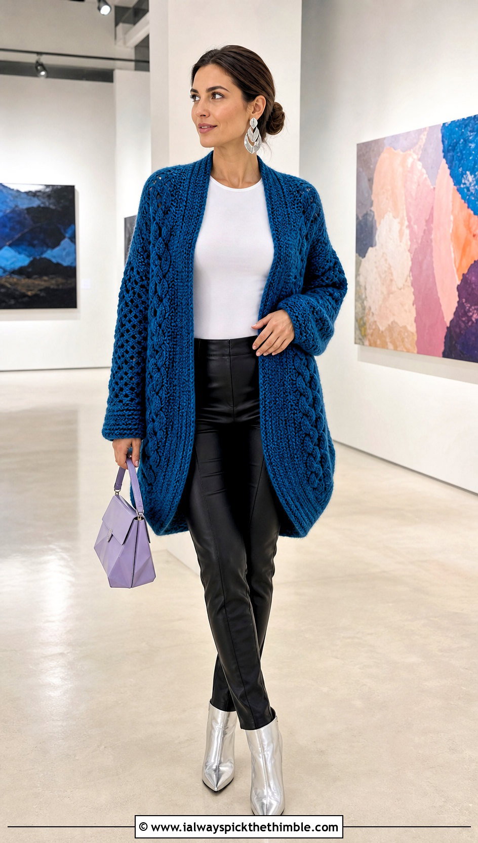 Cocoon Knit Look Crochet Cardigan With Faux Leather Pants - 20 Knit Look Crochet Cardigan outfit ideas