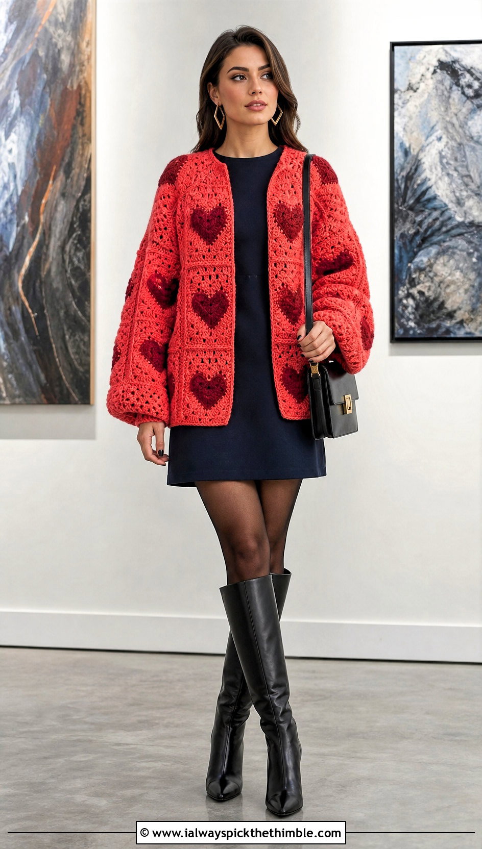Cocoon Red Heart Granny Square Cardigan With Mini Dress - 15 red heart granny square cardigan outfit ideas