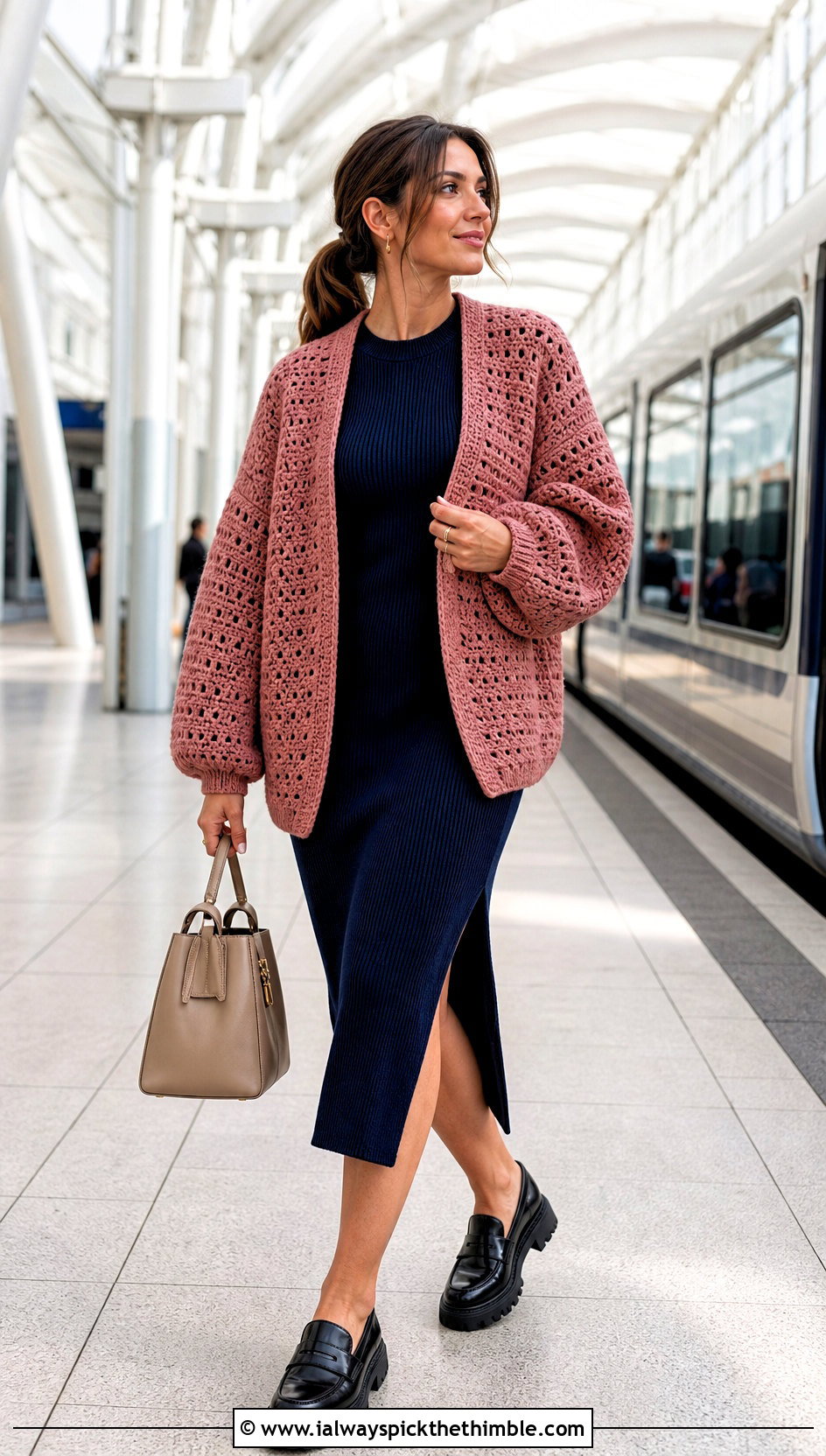 Cocoon Side To Side Crochet Cardigan With Ribbed Midi Dress - 20 Side To Side Crochet Cardigan outfit ideas