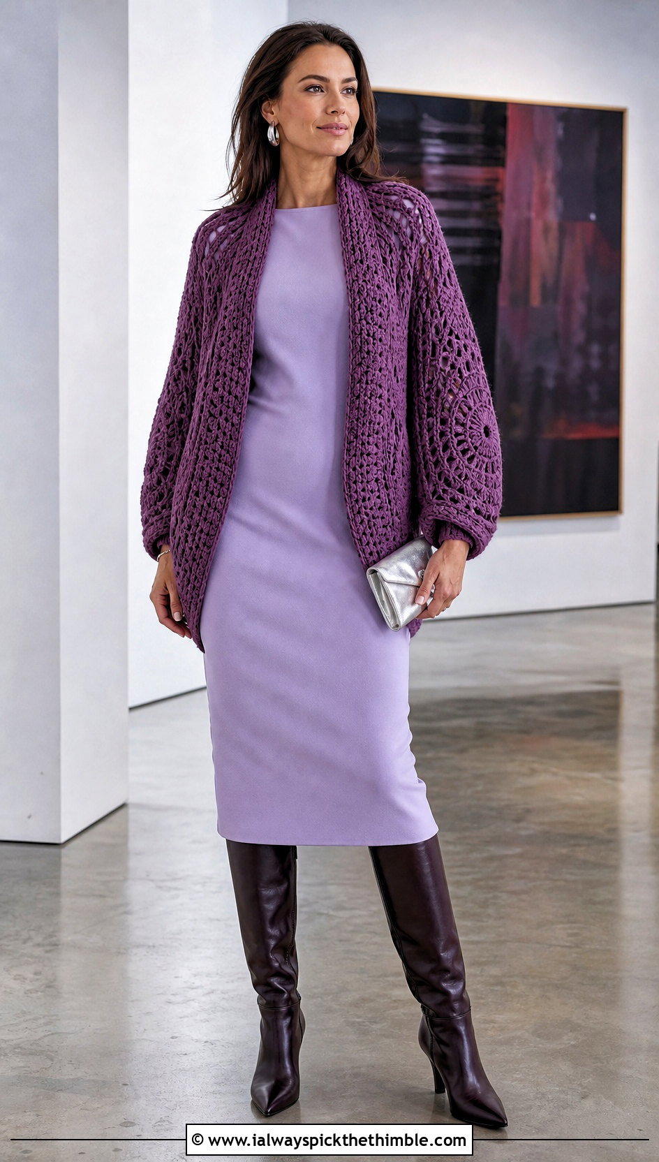Cocoon Spider Web Cardigan With Column Dress - 20 Crochet Spider Web Cardigan outfit ideas