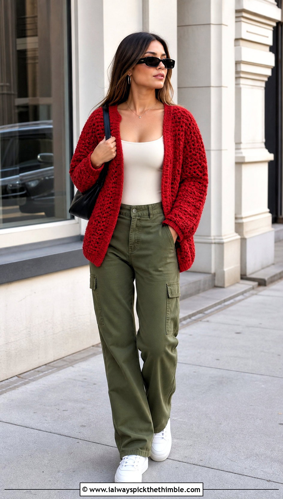 Cocoon Velvet Crochet Cardigan With Cargo Pants - 15 velvet crochet cardigan outfit ideas