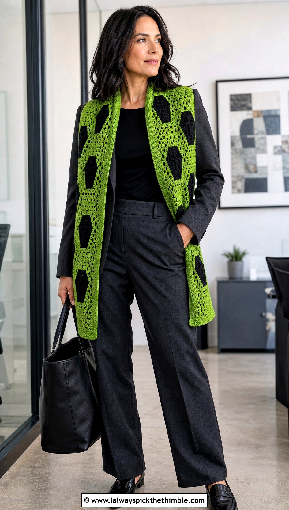 Coffin Mosaic Crochet Stole With Blazer - 20 halloween crochet shawl outfit ideas