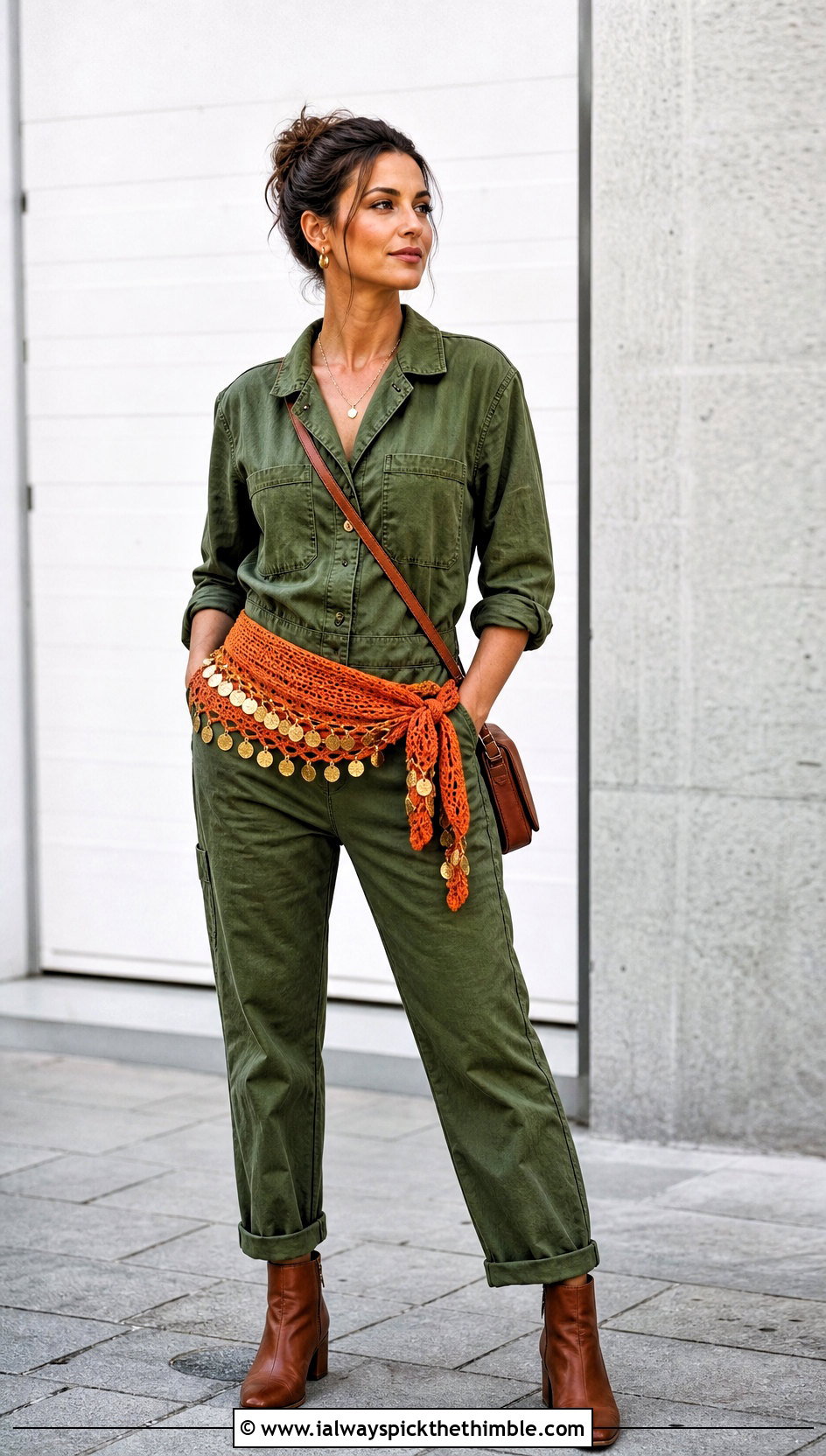 Coin Crochet Hip Scarf With Utility Jumpsuit - 20 Crochet Hip Scarf outfit ideas