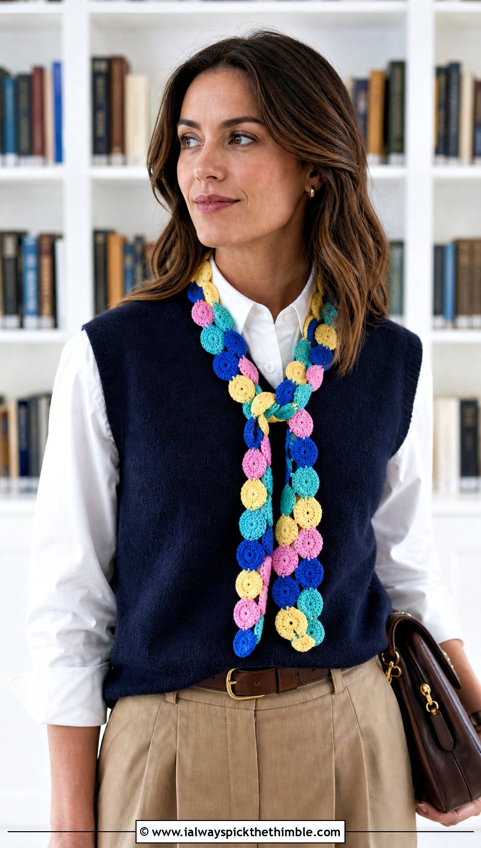 Coin Motif Crochet Scarf With Sweater Vest And Pleated Pants - 15 crochet scarf with colorful circles outfit ideas
