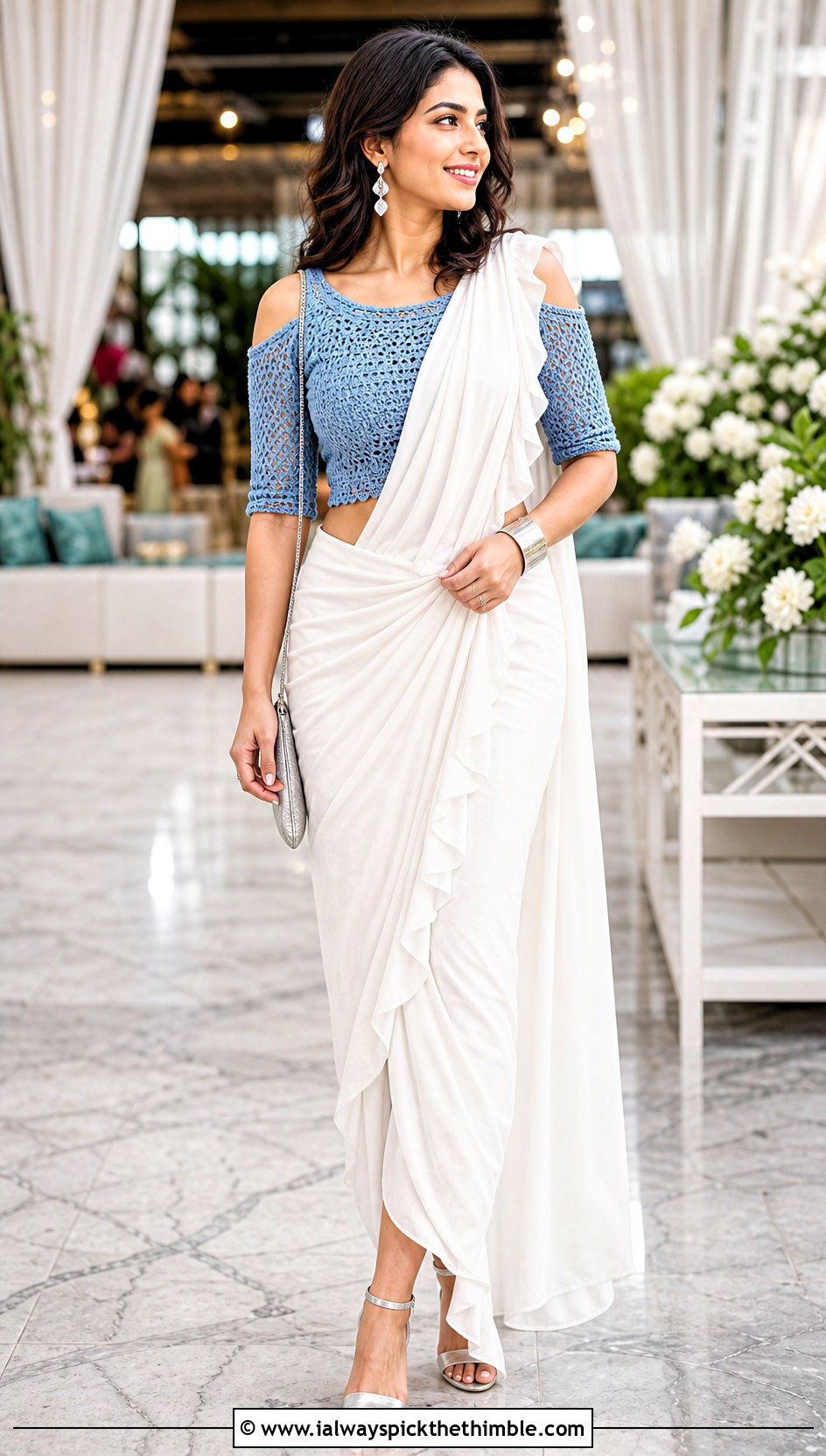 Cold Shoulder Crochet Blouse With Ruffle Saree - 25 Crochet Blouse For Saree outfit ideas