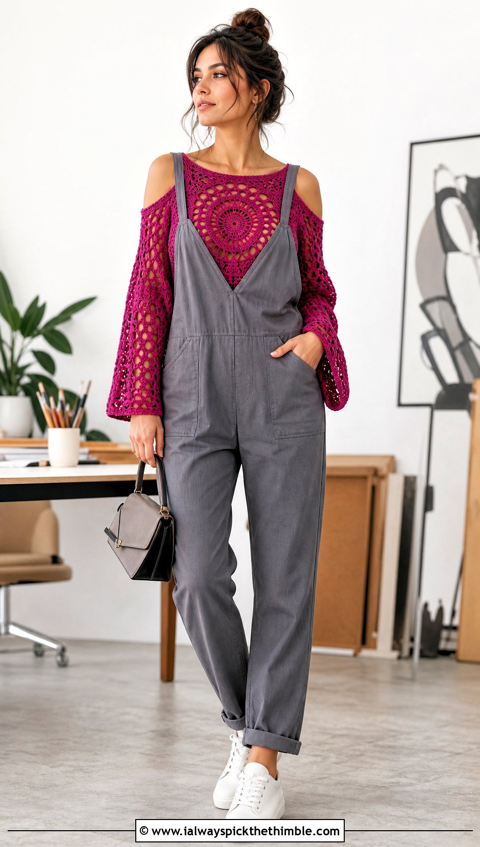 Cold Shoulder Crochet Mandala Top With Twill Jumpsuit - 25 crochet mandala top outfit ideas