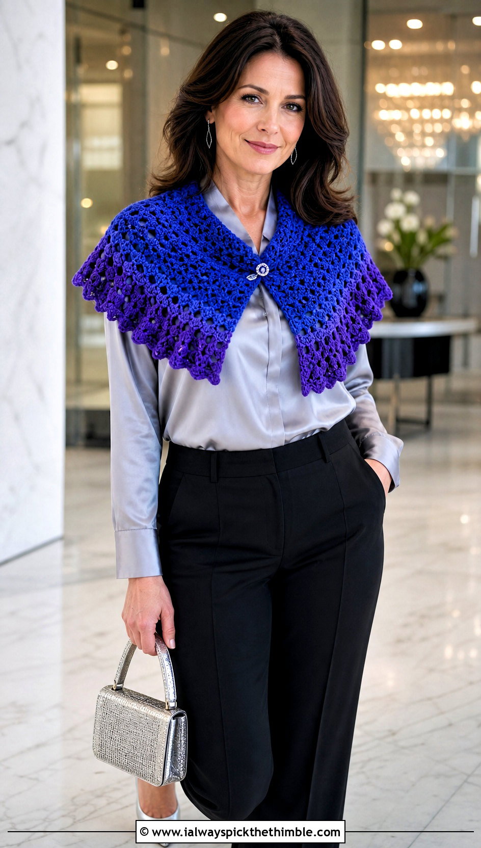 Collar Crochet Mantle Scarf With Satin Blouse - 20 Crochet Mantle Scarf outfit ideas