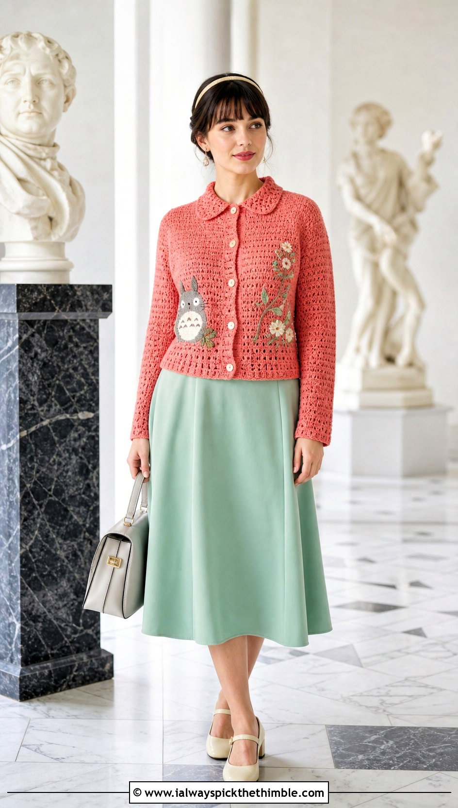 Collared Anime Crochet Cardigan With A Line Skirt - 20 anime crochet cardigan outfit ideas