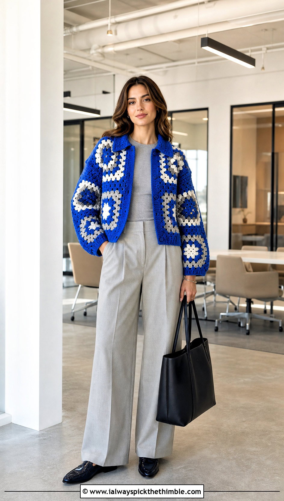 Collared Big Granny Square Cardigan With Tailored Trousers - 25 big granny square sweater outfit ideas