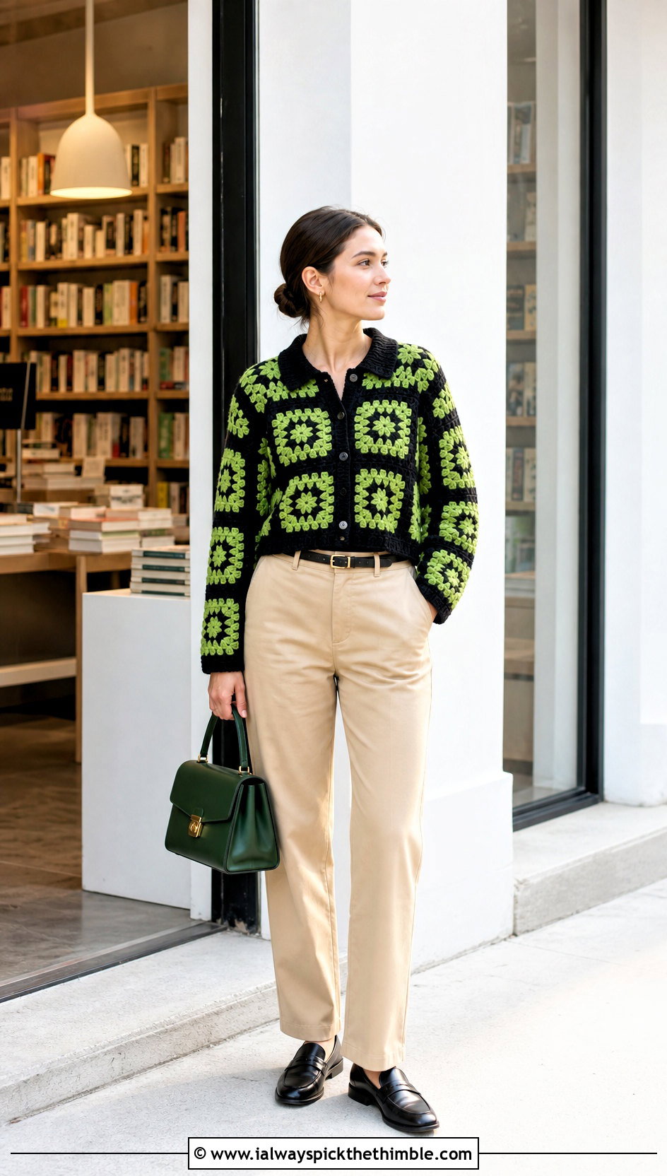 Collared Black Granny Square Sweater With Chino Pants - 20 black granny square sweater outfit ideas