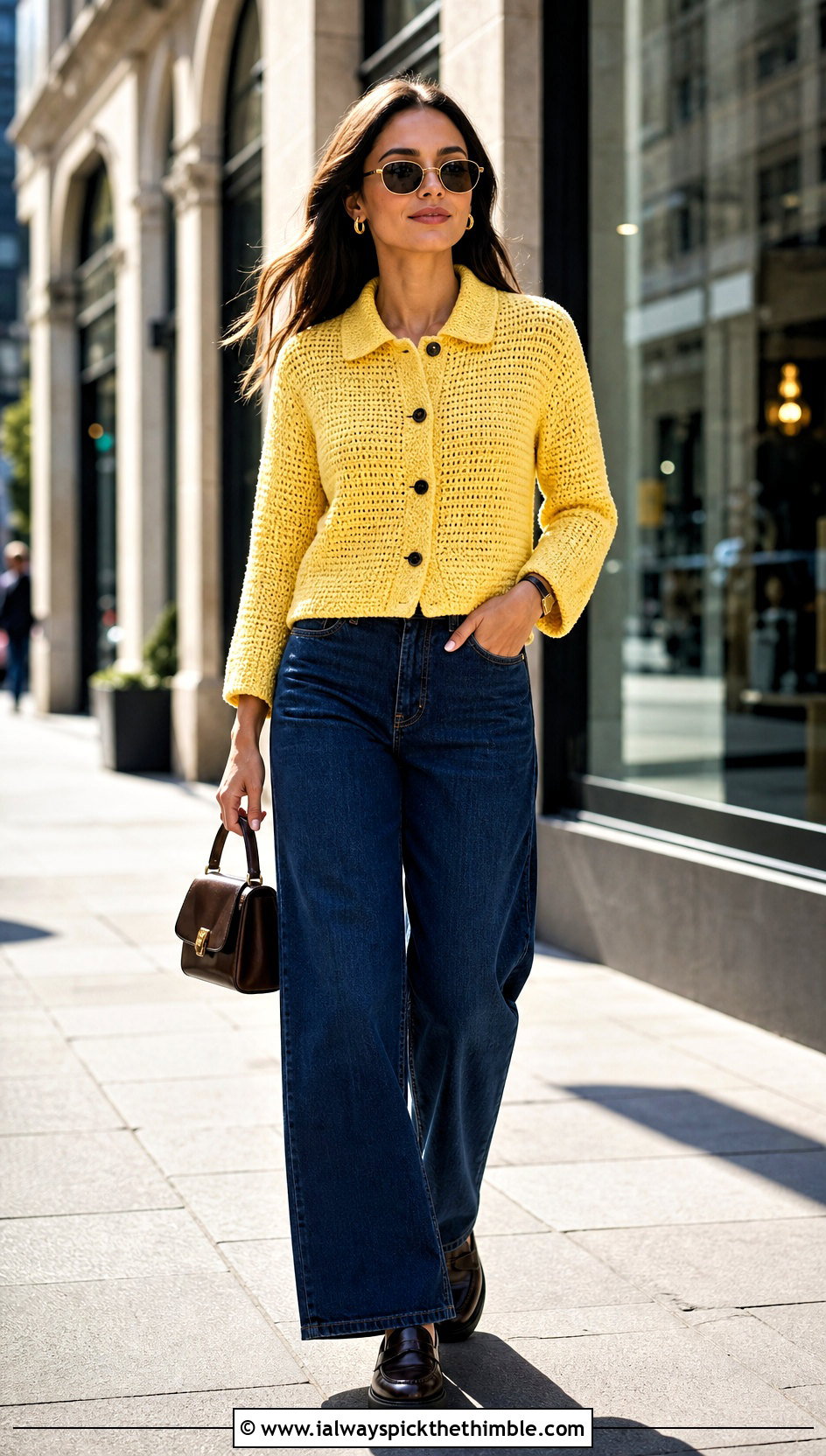 Collared Boxy Crochet Cardigan With Wide Leg Jeans - 15 easiest crochet cardigan outfit ideas