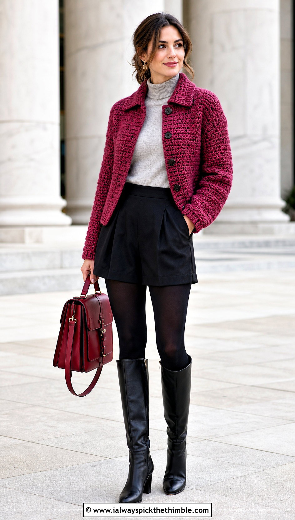 Collared Bulky Crochet Cardigan With Tailored Shorts - 20 Bulky Crochet Cardigan outfit ideas
