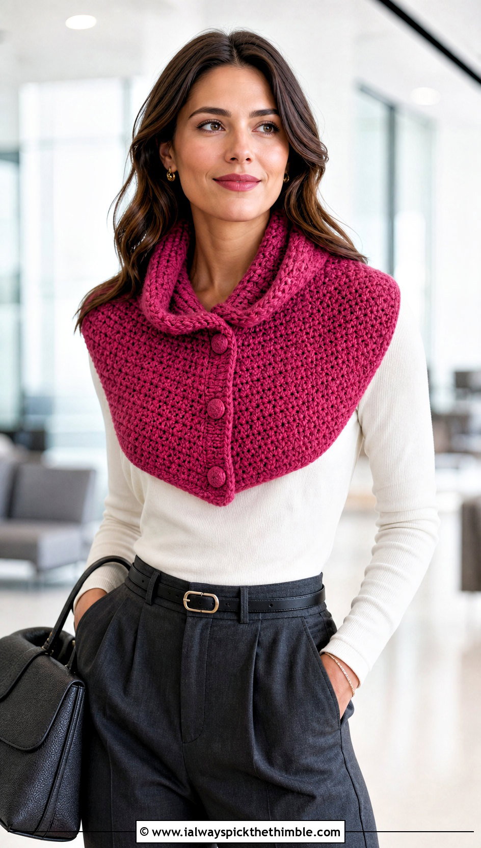 Collared Button Crochet Cowl With Tailored Trousers - 15 Crochet Cowl With Buttons outfit ideas
