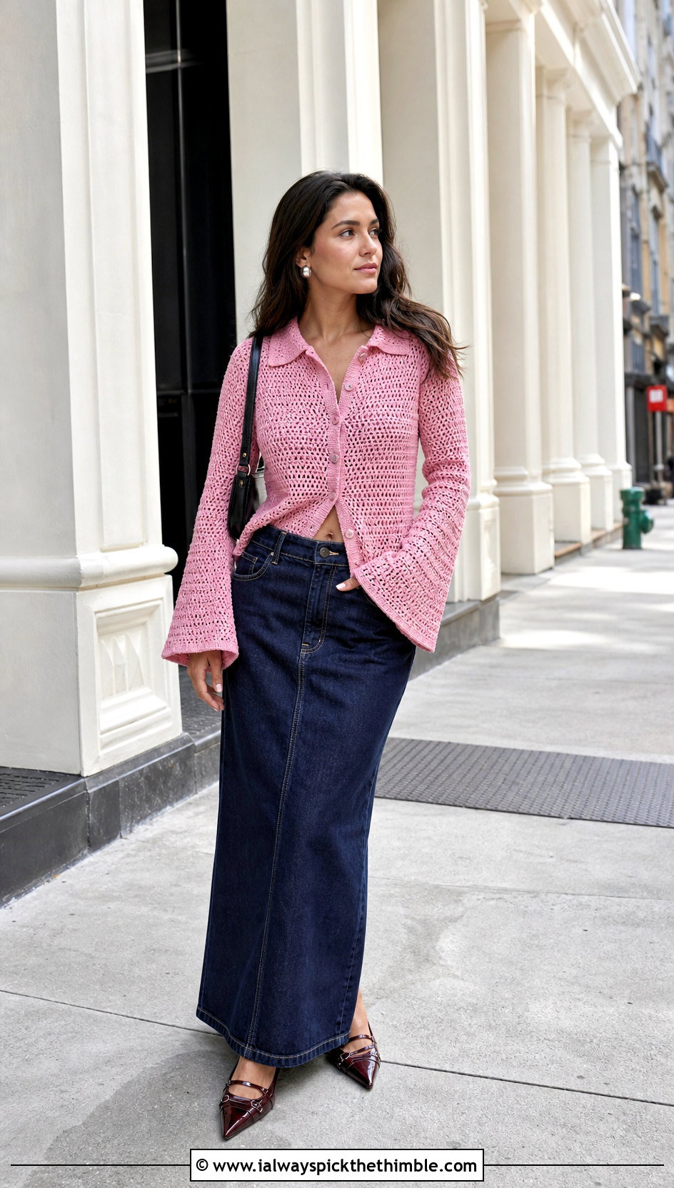 Collared Button Front Crochet Bell Sleeve Cardigan With Denim Maxi Skirt - 20 crochet bell sleeve cardigan outfit ideas