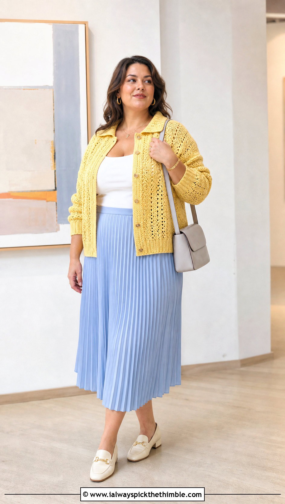 Collared Button Front Crochet Cardigan With Midi Skirt - 25 simple crochet cardigan outfit ideas
